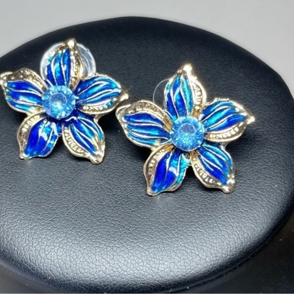 Fashion Jewelry Blue Floral Bling Rhinestone Necklace Earrings Set Unsigned #245 - Picture 3 of 12